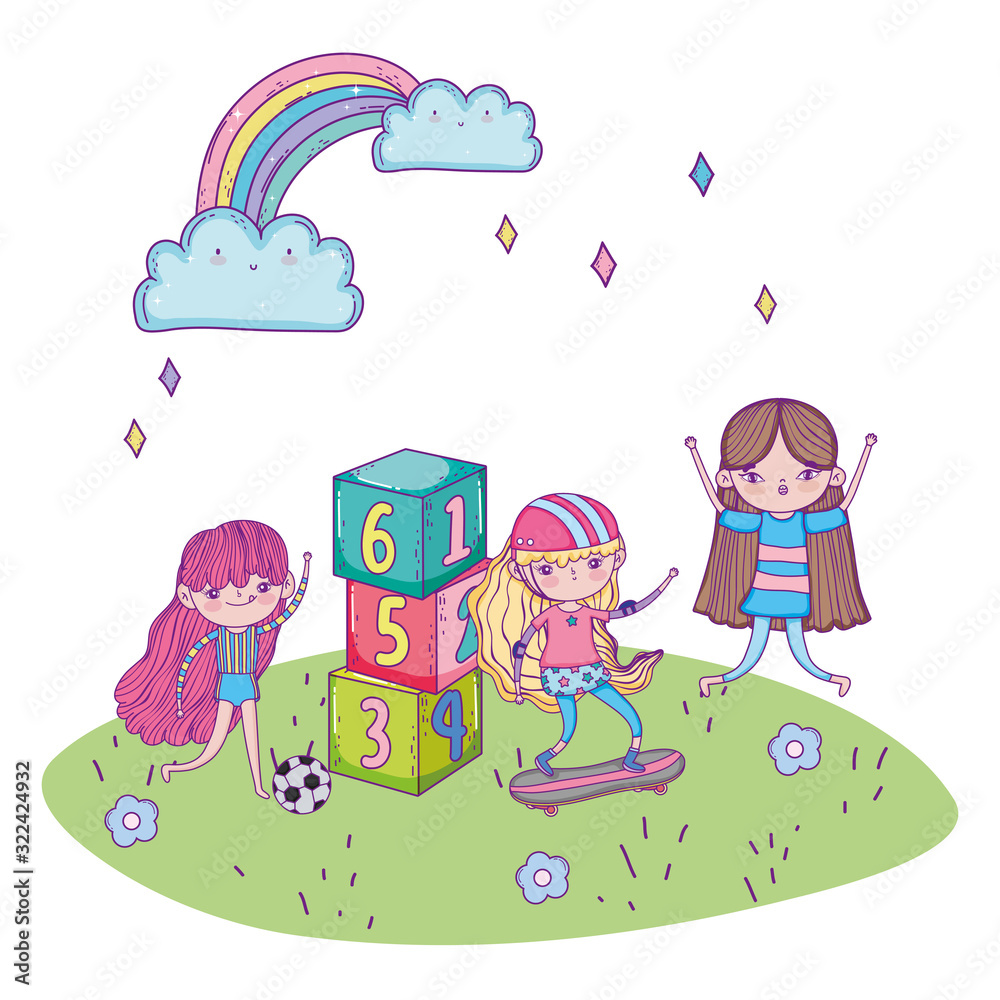 Obraz premium happy childrens day, girls riding skateboard with soccer ball and blocks in park