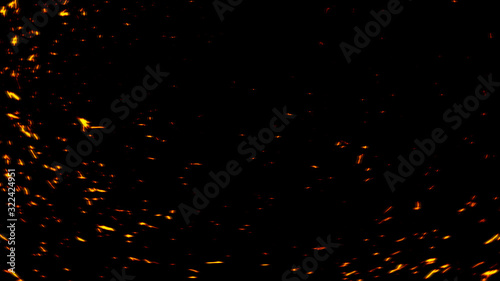 Fire embers particles texture overlays. Explosion burn powder spray burst on isolated black background. Stock illustraion.