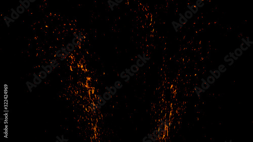 Fire embers particles texture overlays. Explosion burn powder spray burst on isolated black background. Stock illustraion.