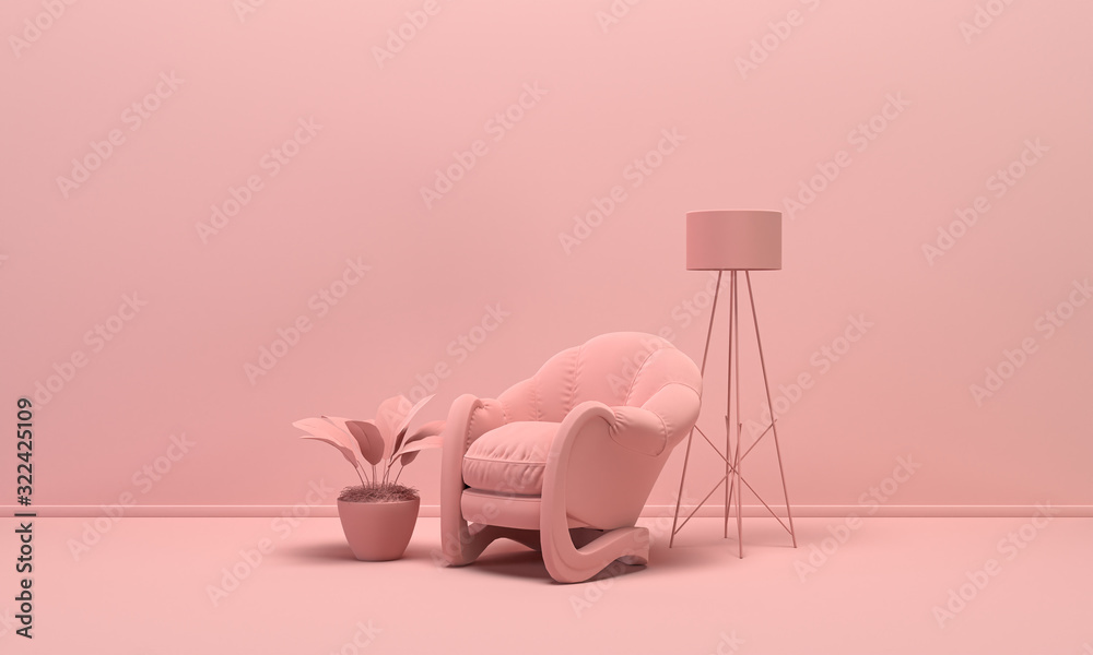Interior room in plain monochrome light pink color with single chair, floor  lamp and decorative vase and plant. Light background with copy space. 3D  rendering Stock Illustration | Adobe Stock