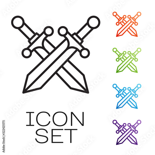 Black line Crossed medieval sword icon isolated on white background. Set icons colorful. Vector Illustration