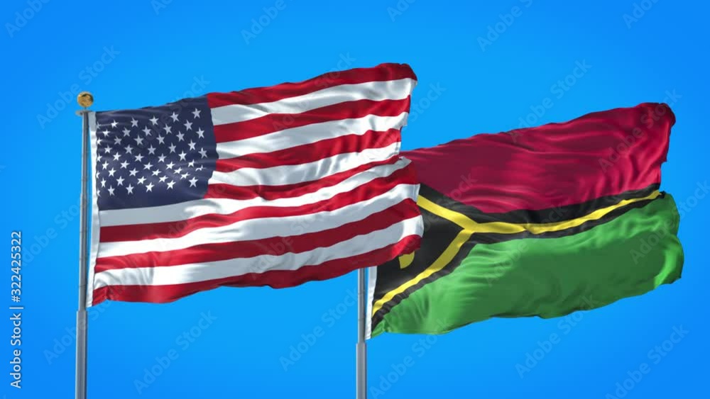 Vanuatu and United States flag waving in deep blue sky together. High Definition 3D Render. Vanuatu and United States flag waving in deep blue sky together. High Definition 3D Render.