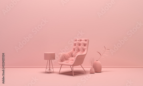 Interior of the room in plain monochrome light pink color with single chair, floor lamp and decorative vases. Light background with copy space. 3D rendering photo