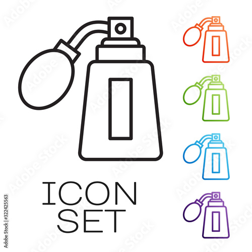 Black line Aftershave bottle with atomizer icon isolated on white background. Cologne spray icon. Male perfume bottle. Set icons colorful. Vector Illustration