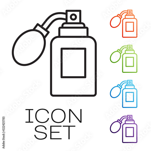 Black line Aftershave bottle with atomizer icon isolated on white background. Cologne spray icon. Male perfume bottle. Set icons colorful. Vector Illustration
