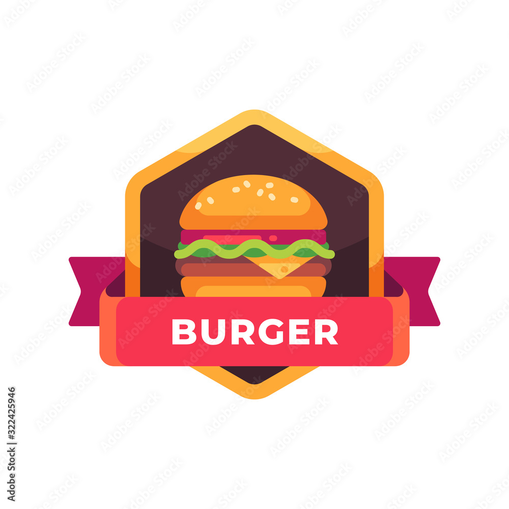 Tasty burger with cheese and salad. Fast food label Tasty burger with cheese and salad. Fast food label