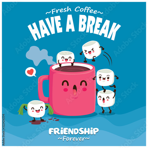 Vintage food poster design with vector coffee with marshmallows characters.