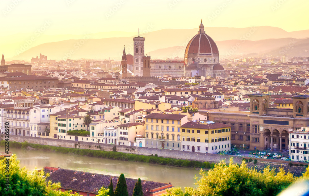 An aerial view of Florence, Italy and Florence Cathedral.