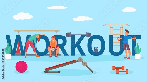 People at workout gym body training vector illustration. Workout lettering. Happy smiling young athletes man woman girl doing physical exercises, squats, tilts. Ball, fitness equipment.
