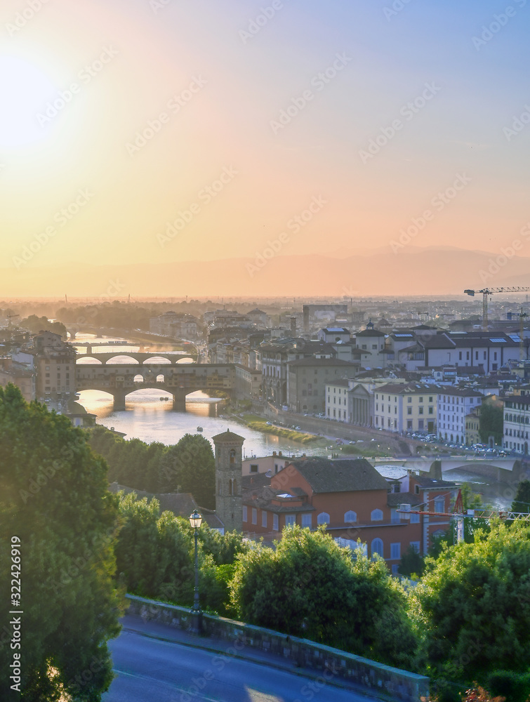 An aerial view of Florence, Italy towards the Ponte Vecchio.