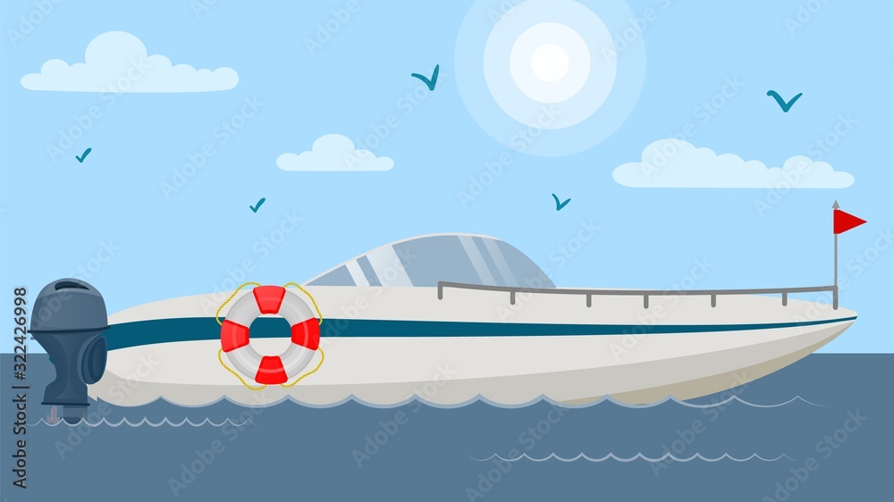Floating motor speed boat vector illustration flat. Vessel yacht ship with lifebuoy at sea ocean lake water. Luxury vacation sport marine leisure travel transport. Sky and gulls.