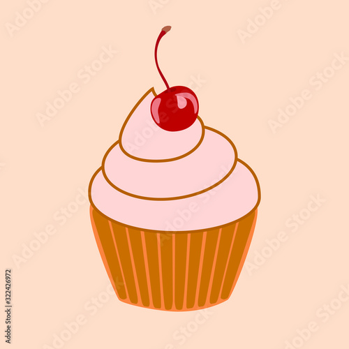Flat vector illustration of a cream cake with a cherry. Berry or fruit cream in a basket of shortcrust pastry.