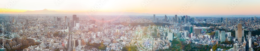 Panoramic View of Tokyo Skyline at Blue Hour in Japan with Mountain Fujiyama In The Background.