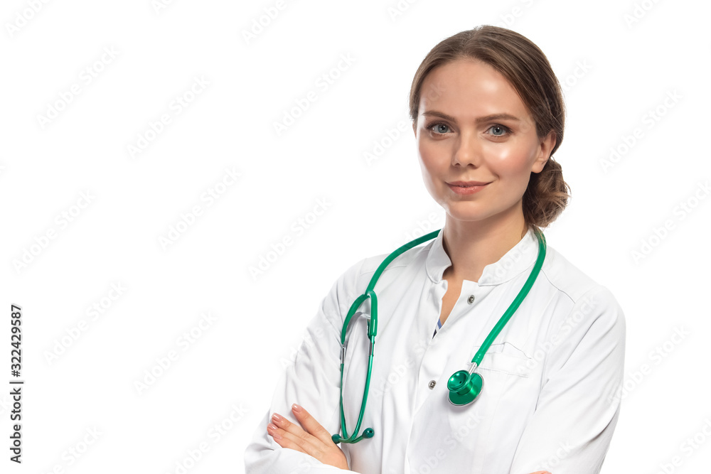 Medicine and Healthcare. Portrait of Confident Professional GP Doctor Posing With Endoscope Against White. Medicine and Healthcare. Portrait of Confident Professional GP Doctor Posing With Endoscope Against White.