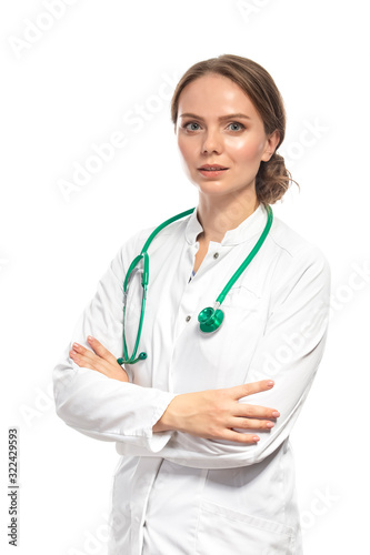 Medicine and Healthcare. Portrait of Confident Professional GP Doctor Posing With Endoscope Against White.