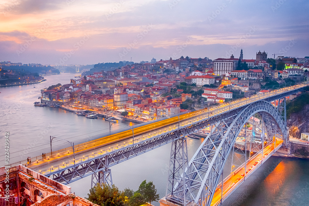 Renowned and Hihglighted Dom Luis I Bridge in Porto in Portugal During Golden Hour.