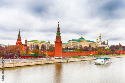 Russia Travel Destinations. Moscow Kremlin on Moskva River During Daytime. View from Bridge In Cloudy Day