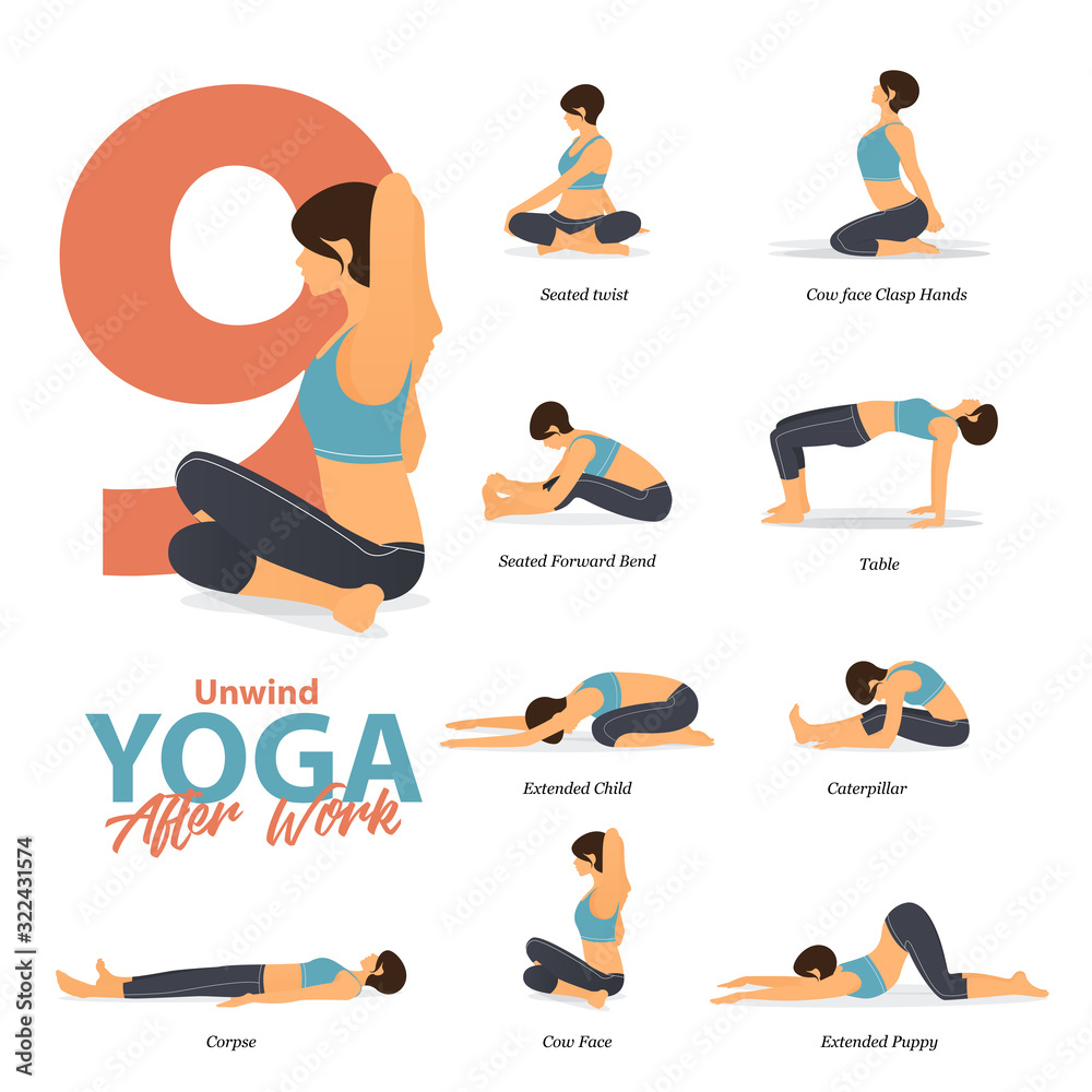 Vetor de Infographic of 9 Yoga poses for after work concept in flat design.  Beauty woman is doing exercise for body stretching. Set of yoga sequence  Infographic. Yoga Cartoon Vector art and