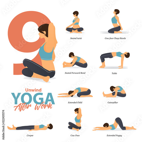 Infographic of 9 Yoga poses for after work concept in flat design. Beauty woman is doing exercise for body stretching. Set of yoga sequence Infographic. Yoga Cartoon Vector art and Illustration.