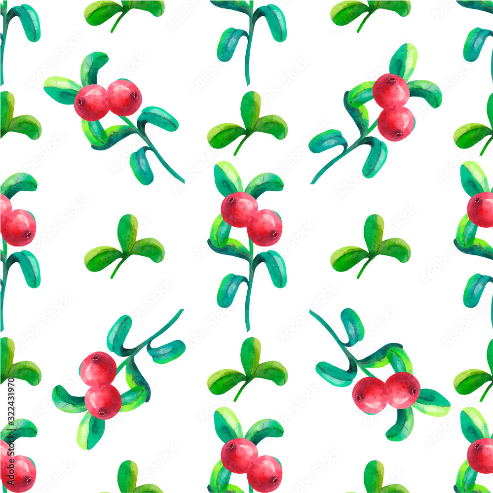 Hand-drawing botanical seamless pattern with cowberry with leaves. Watercolor illustration. Use for textile print, wrapping paper, packaging design food, jam, juice, ice cream, cosmetics. Hand-drawing botanical seamless pattern with cowberry with leaves. Watercolor illustration. Use for textile print, wrapping paper, packaging design food, jam, juice, ice cream, cosmetics.