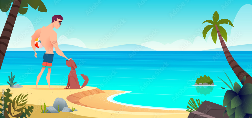 Man and his dog are standing together on a wild sandy summer beach. Summer activities concept