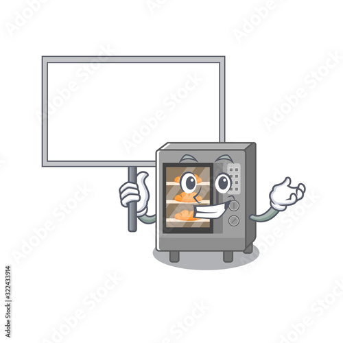 A cute picture of oven cake mascot design with a board