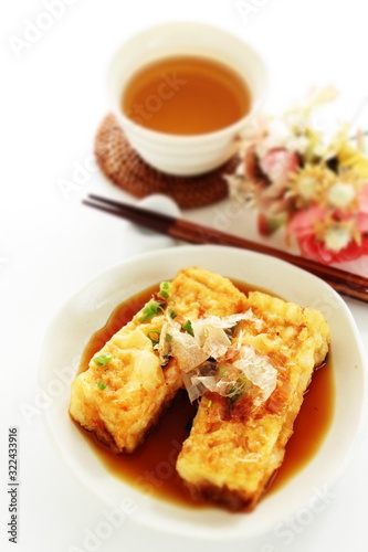 Japanese food, Dashi tofu Katsuobushi and tea
