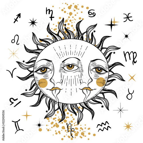 Vector illlustration of three eyed sun - astronomy and astrology symbol. Vintage, boho or gypsy style. Astrology and alchemy vibes. Funny and cute tattoo.