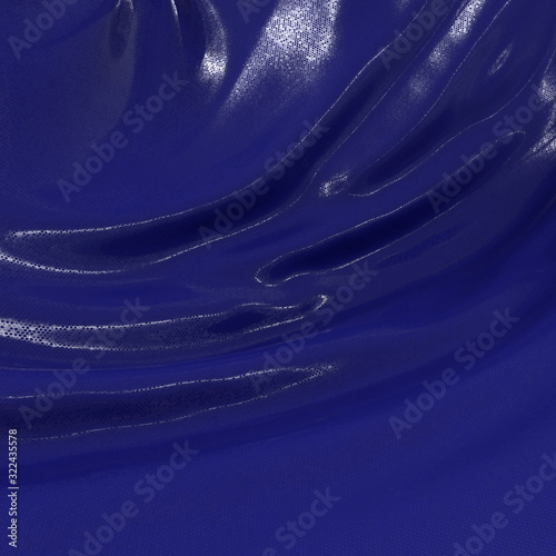Abstract and shiny luxury silk cloth in shape of liquid wave with folds. Satin or velvet material background in popular Phantom Blue color. 3d illustration