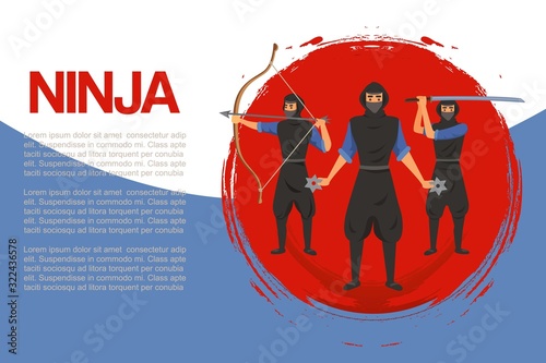 Ninja assassin movement and fighting skills with Japanese weapon sword and bow to attack vector cartoon illustration. Ninja warriors with weapon in red japanese circle, web banner.