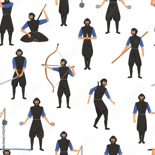 Ninja assassin movement and fighting skills with Japanese weapon to attack vector seamless pattern illustration. Ninja warriors with weapon isolated on white background.