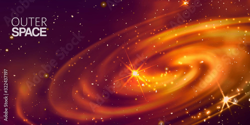 Outer space and spiral galactic on deep purple space background with bright stars and constellations background, vector illustration. Nebula milky way outer space galaxy with shining stars.