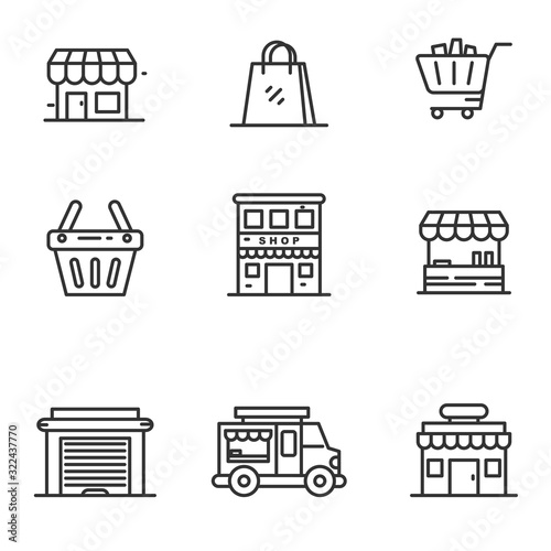 Set of store and shopping icons in black thin line design isolated on white background 