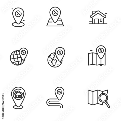 Set of location icons in black thin line design isolated on white background 