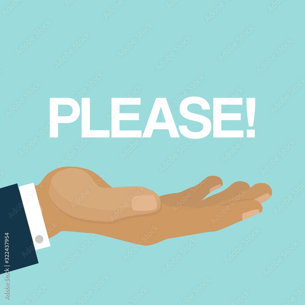 Please, open mans arm or hand, gesture of plea and request, cartoon vector illustration. Man showing gesture of plea, palm up pleased beggar. Please, open mans arm or hand, gesture of plea and request, cartoon vector illustration. Man showing gesture of plea, palm up pleased beggar.