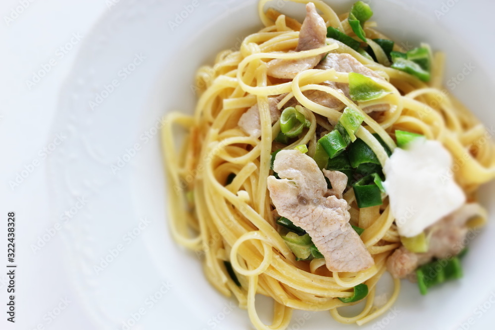 Italian food, pork and cream cheese with green belly pepper pasta