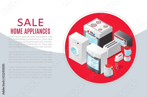 Home appliances and electronics sale poster vector web illustration. Toaster, refrigerator, washing machine and air conditioner. 3D home appliances discounter.