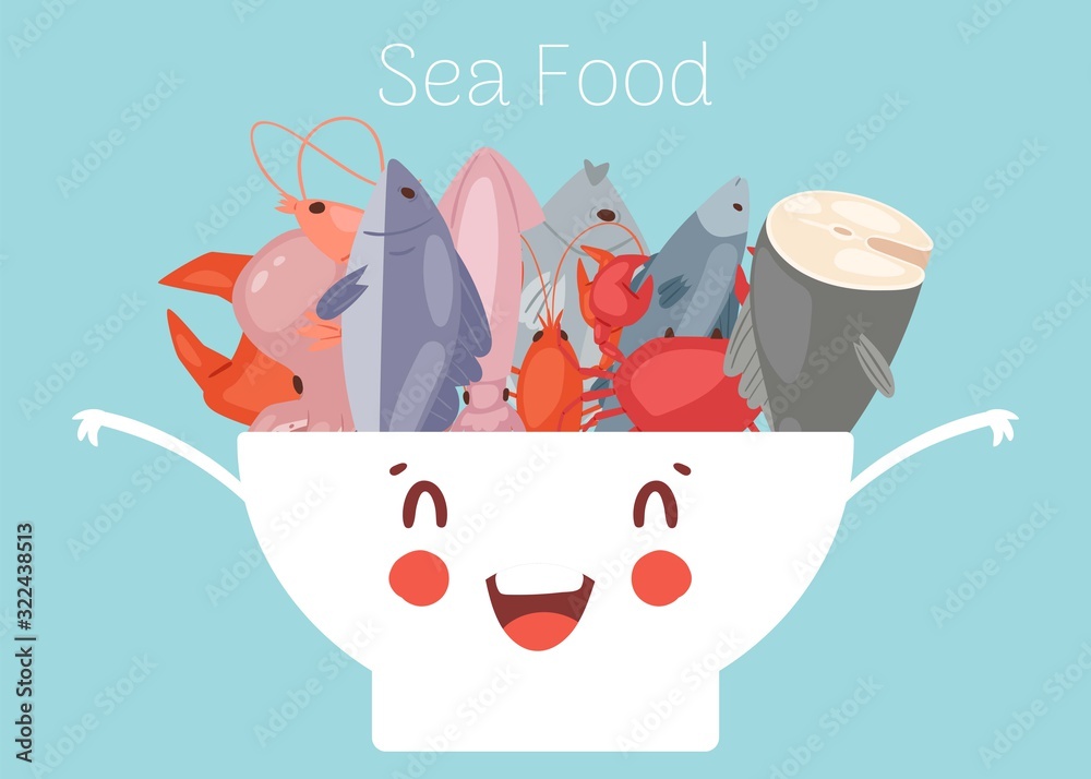 Seafood and fish in cute kawaii bowl with lobster, crab, salmon fish,  shrimp for kids menu, cartoon vector illustration. Funny sea food and fishes  poster. Stock Vector | Adobe Stock