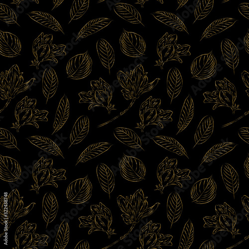 Line art gold floral pattern with beautiful flower. Seamless pattern with spring flowers and leaves. Hand drawn background. Illustration for wallpaper or fabric. 