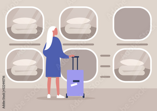 Futuristic capsule hotel interior, personal sleeping pods, young female tourist holding a suitcase