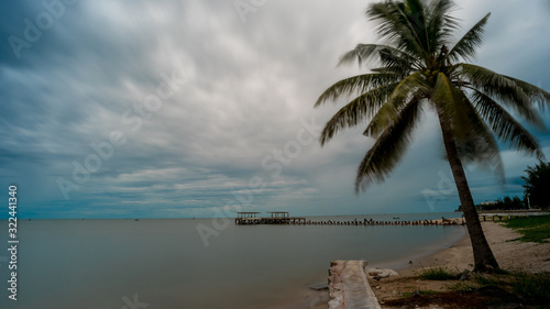 Palm tree and  walkeway in front of Dilapidated old fishing dock collapsing into the sea in Pak Nam Pran Thailand photo