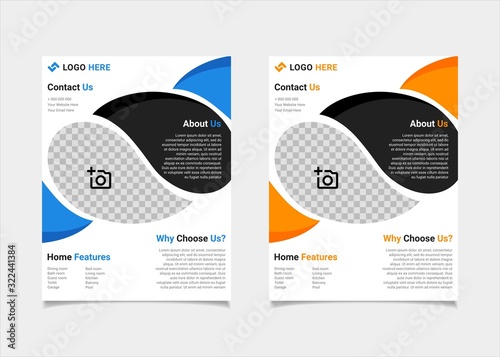 Business flyer estate template vector design, US letter brochure template blue and amber geometry shapes used for poster property leaflets, magazine property, and brochure cover property