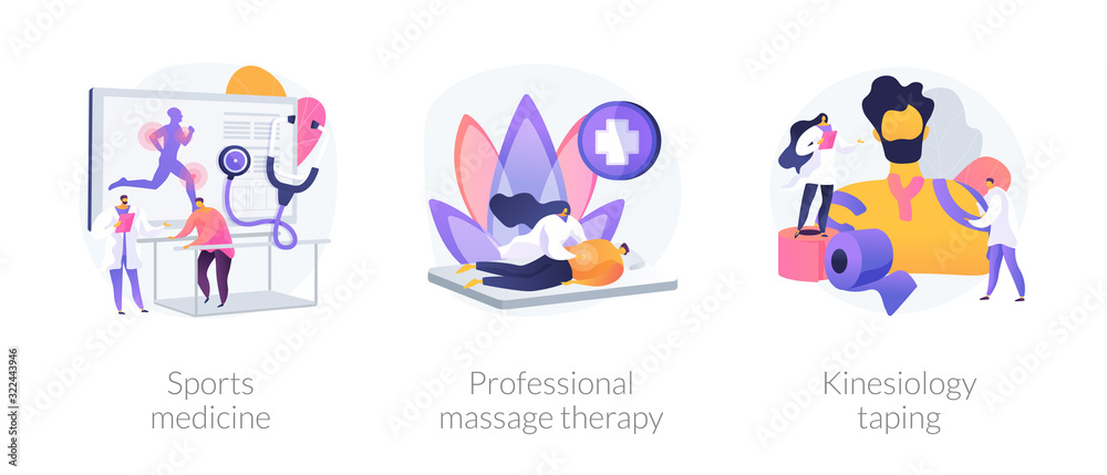 Athlete body recovery, sports injuries treatment, healthcare. Sports medicine, professional massage therapy, kinesiology taping metaphors. Vector isolated concept metaphor illustrations.