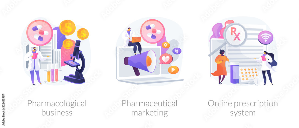 Pharmacological internet service development and promotion. Pharmacological business, pharmaceutical marketing, online prescription system metaphors. Vector isolated concept metaphor illustrations. Pharmacological internet service development and promotion. Pharmacological business, pharmaceutical marketing, online prescription system metaphors. Vector isolated concept metaphor illustrations.