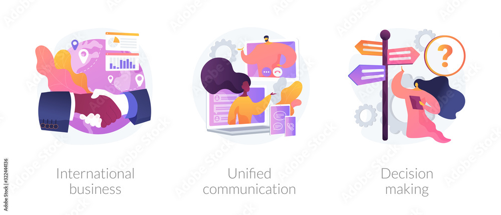 Business communication and collaboration, teamwork, partnership. International business, unified communication, decision making metaphors. Vector isolated concept metaphor illustrations. Business communication and collaboration, teamwork, partnership. International business, unified communication, decision making metaphors. Vector isolated concept metaphor illustrations.