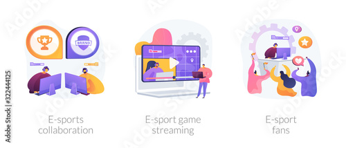 Electronic sports organization, internet team play, online competition. E-sports collaboration, e-sport game streaming, e-sport fans metaphors. Vector isolated concept metaphor illustrations.
