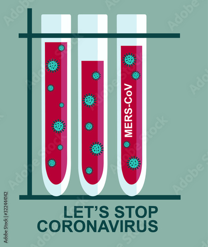 Test tube with blood affected by coronavirus CoV. Medicine and health concept. Flat vector illustration