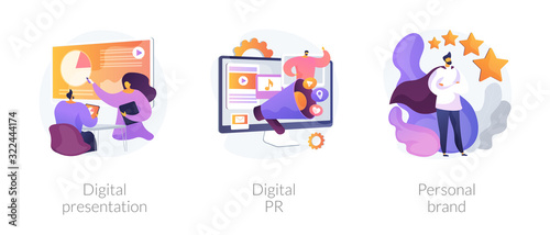 Project development, online advertisement, branding, successful startup. Digital presentation, digital PR, personal brand metaphors. Vector isolated concept metaphor illustrations.