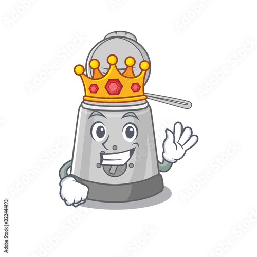 A cartoon mascot design of deep fryer performed as a King on the stage