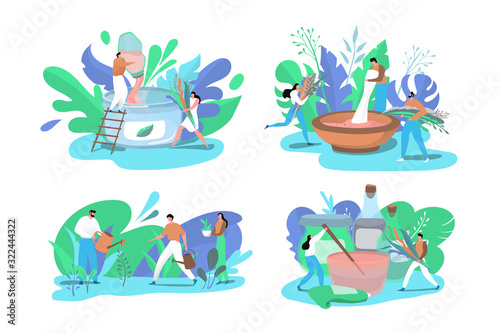 Natural herbal cosmetics production concept, people mixing ingredients, vector illustration. Organic cosmetology product for body skin care. Herbal cosmetic from natural ingredients, cartoon character